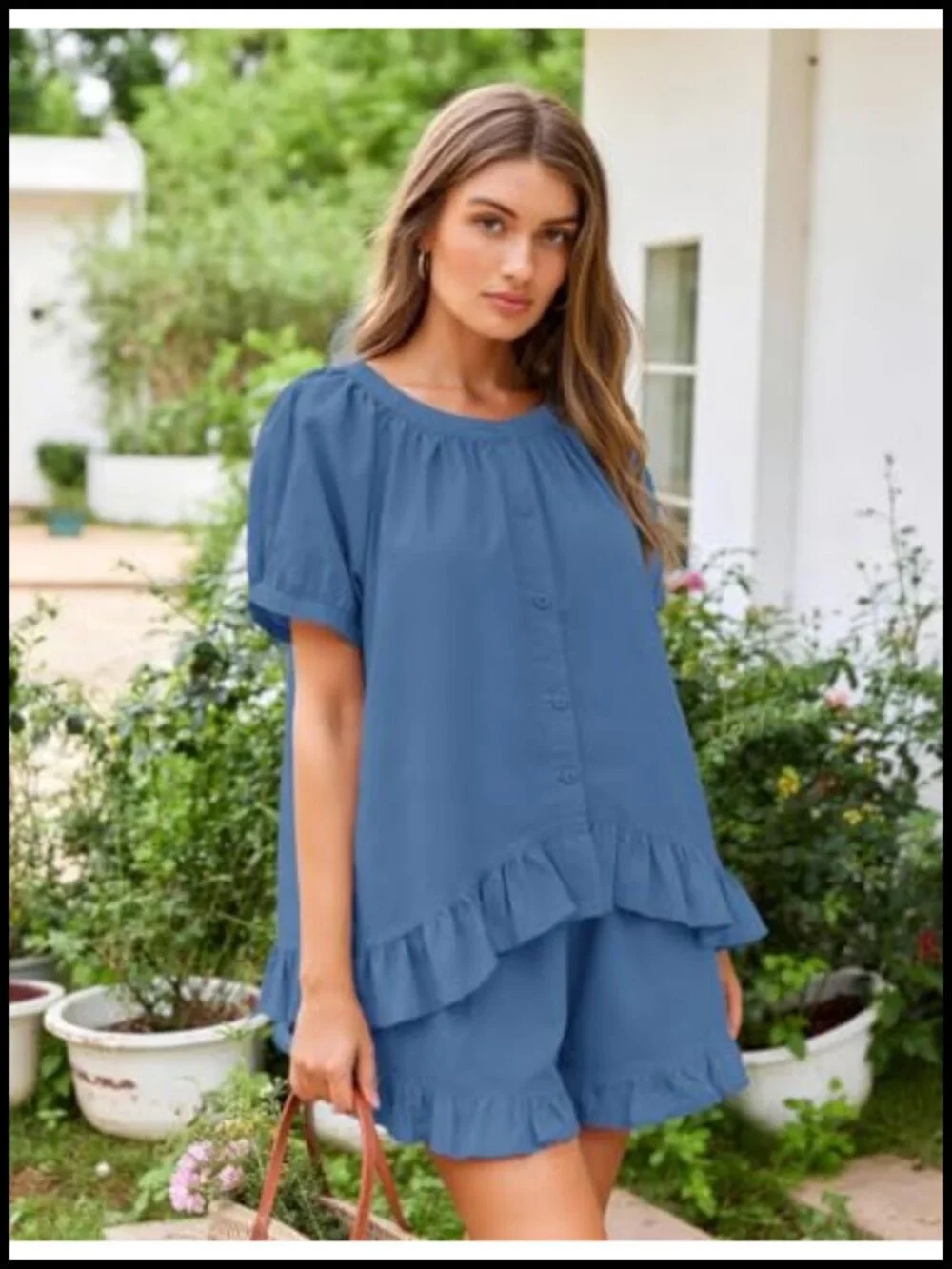 Cotton Ruffle Pajama Set for Women Button Up Short Sleeve Sleepwear